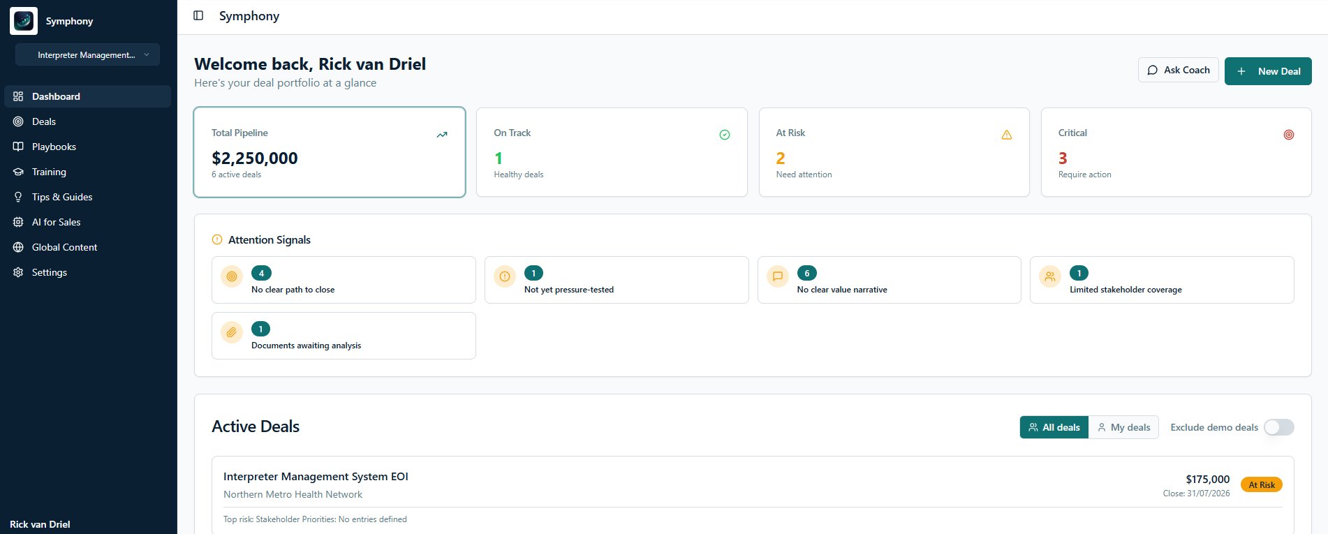 Symphony Dashboard, AI-powered deal portfolio with pipeline health and attention signals