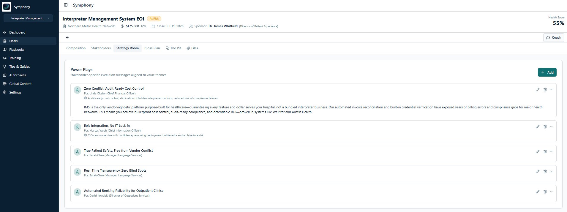 Symphony Power Plays, stakeholder-specific AI-generated messaging